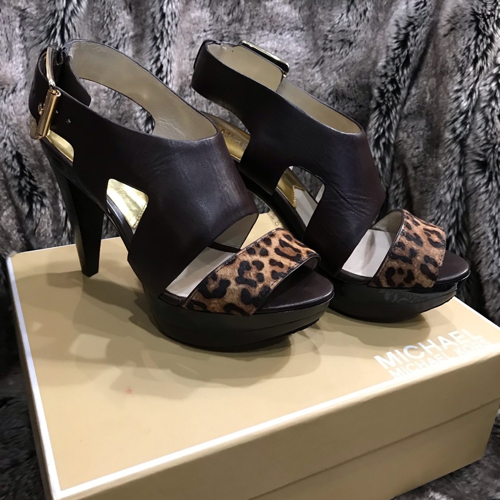 MK Karla Platform Dark Brown Leather/Leopard